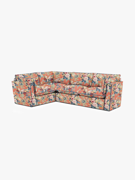 Cocobella RH 2 x 3 seater sofa in English Garden Coral Orange with Lagoon Velvet Trim - Hand Made in USA