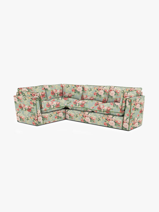 Cocobella RH 2 x 3 seater sofa in English Garden Grey Skies with Green Tea Velvet Trim - Hand Made in USA