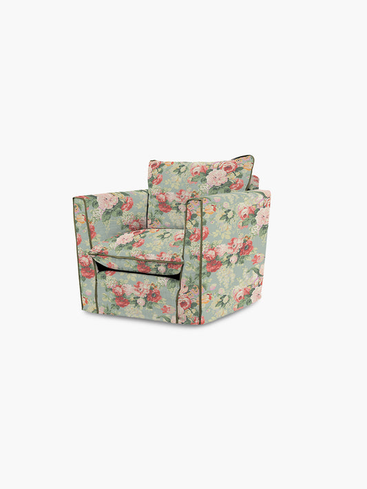 Cocobella Armchair in English Garden Grey Skies with Green Tea Velvet Trim - Hand Made in USA