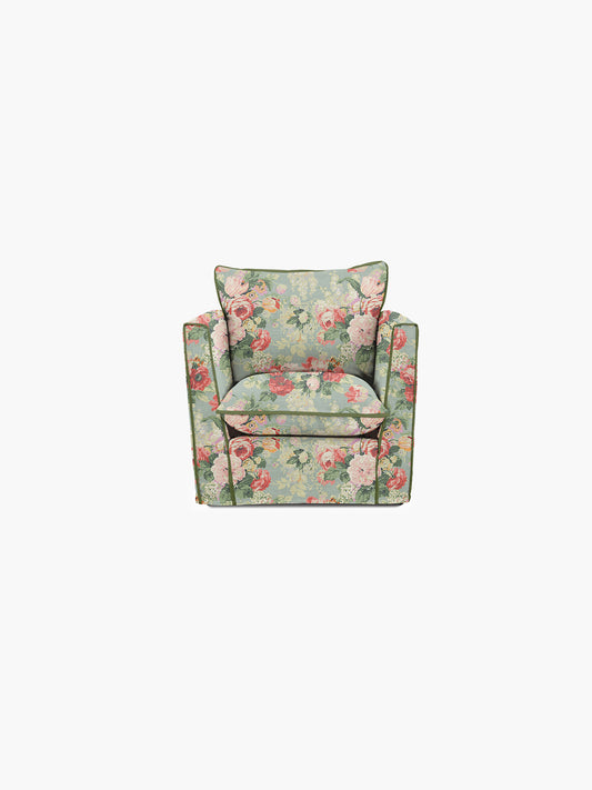 Cocobella Armchair in English Garden Grey Skies with Green Tea Velvet Trim - Hand Made in USA