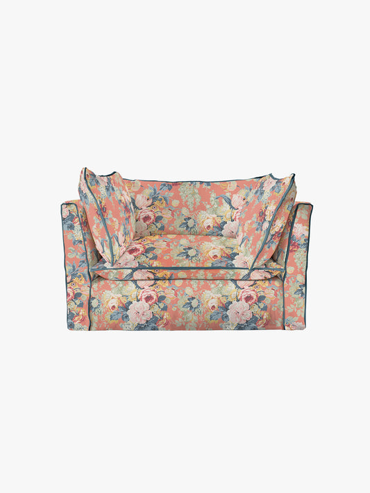 Cocobella Loveseat in English Garden Coral Orange with Lagoon Velvet Trim - Hand Made in USA