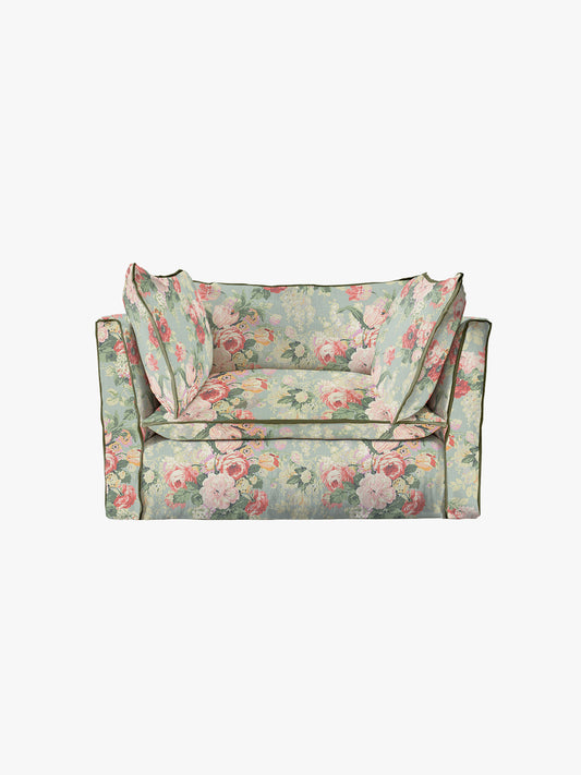 Cocobella Loveseat in English Garden Grey Skies with Green Tea Velvet Trim - Hand Made in USA