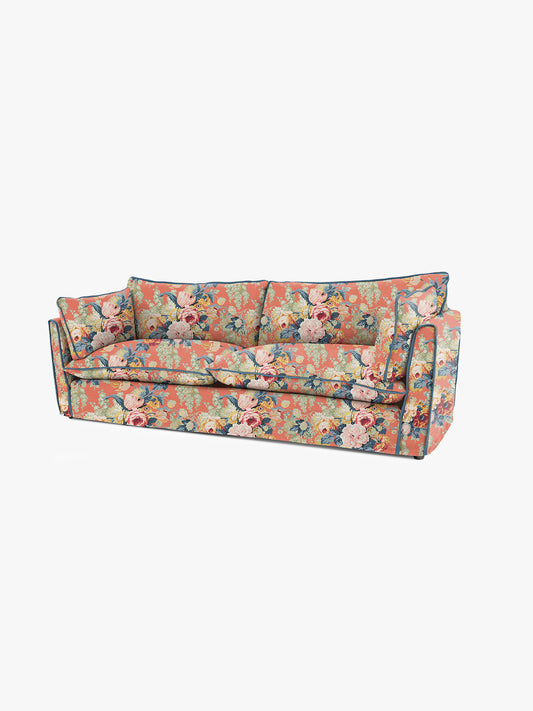 Cocobella 3.5 Seater Sofa in English Garden Coral Orange with Lagoon Velvet Trim - Hand Made in USA