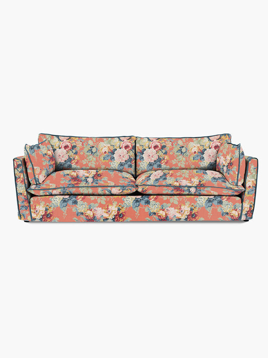 Cocobella 3.5 Seater Sofa in English Garden Coral Orange with Lagoon Velvet Trim - Hand Made in USA