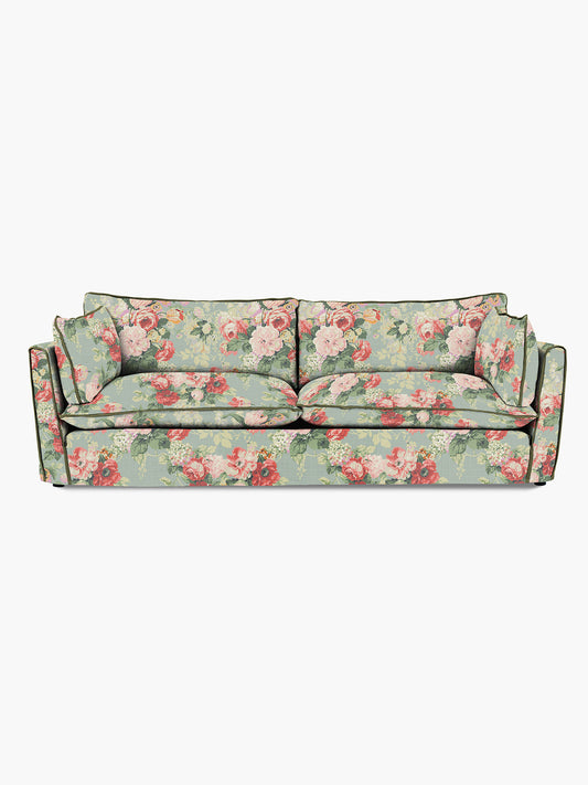 Cocobella 3.5 Seater Sofa in English Garden Grey Skies with Green Tea Velvet Trim - Hand Made in USA