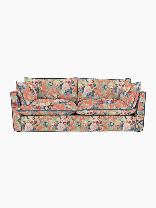 Cocobella 3 Seater Sofa in English Garden Coral Orange with Lagoon Velvet Trim - Hand Made in USA