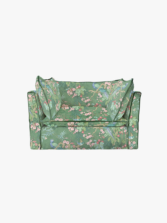 Cocobella Loveseat in Belleville Juniper with Pine Velvet Trim - Hand Made in USA