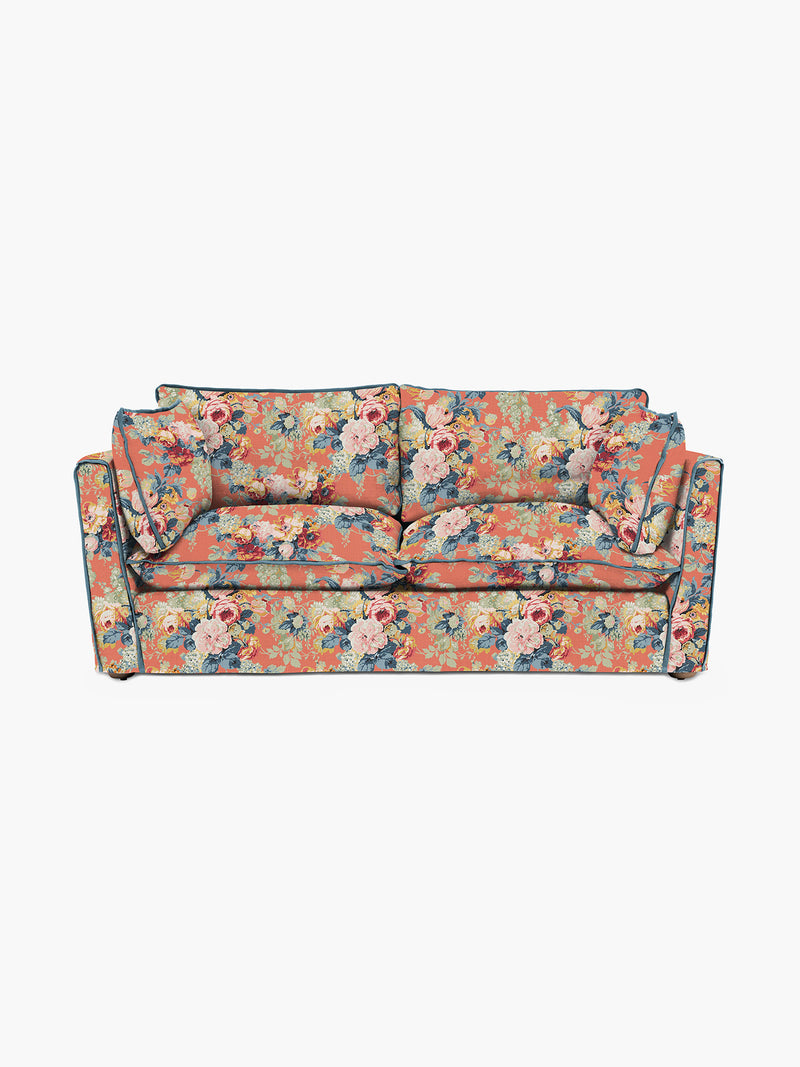Cocobella 2.5 Seater Sofa in English Garden Coral Orange with Lagoon Velvet Trim - Hand Made in USA