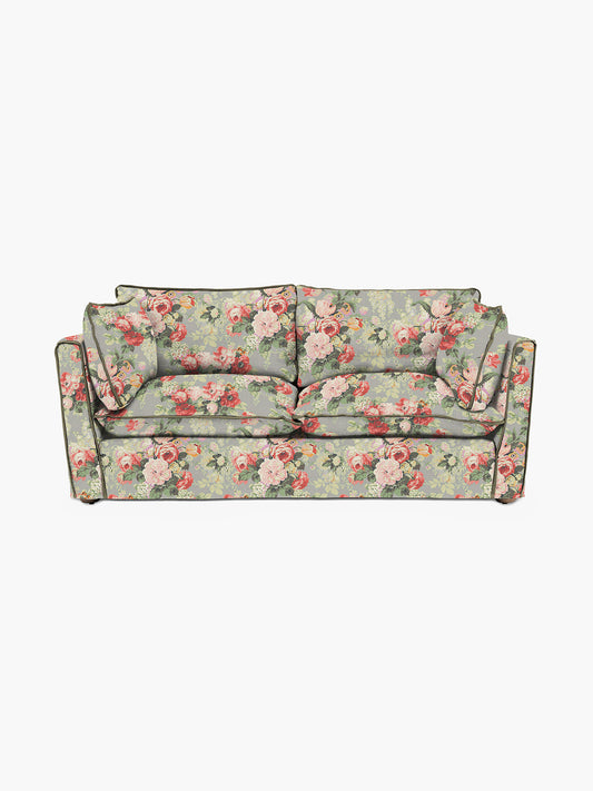 Cocobella 2.5 Seater Sofa in English Garden Grey Skies with Green Tea Velvet Trim - Hand Made in USA