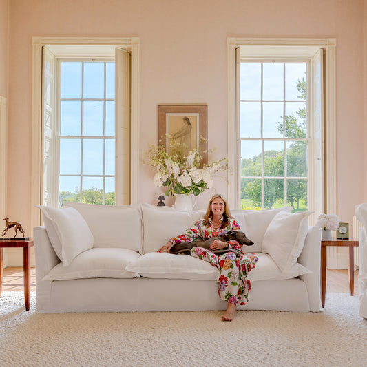 Coco 3.5 seater sofa with Oxford Border cushions in Cotton Linen Snow Drop - Hand Made in USA
