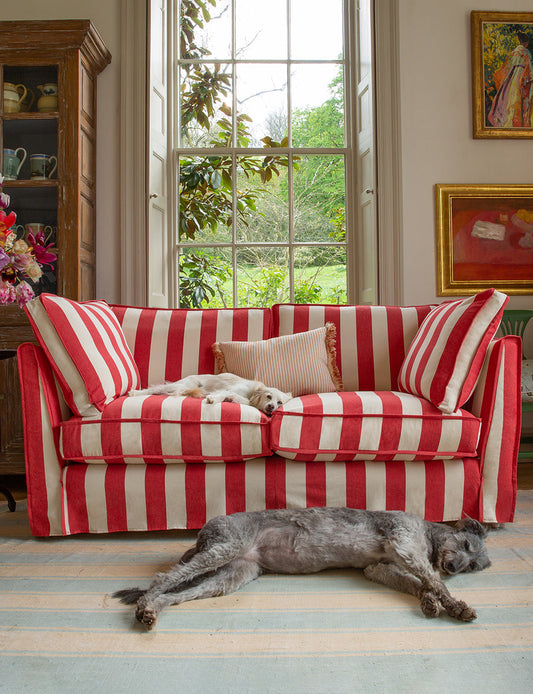 Coco 2.5 seater sofa with Self Piped Box Edge cushion in Stripes Petunia - Hand Made in USA (Available for Quick Ship)