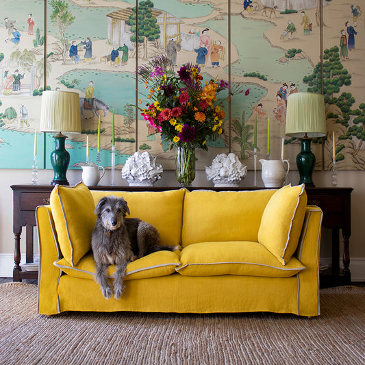 Coco 2.5 seater sofa with Contrast Welt Knife Edge cushion in Designers Guild Brera Lino Ochre - Hand Made in USA