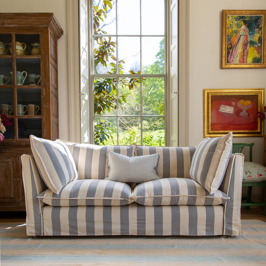Coco 2.5 seater sofa with Self Piped Knife Edge cushion in Stripes Garden Grey - Hand Made in USA