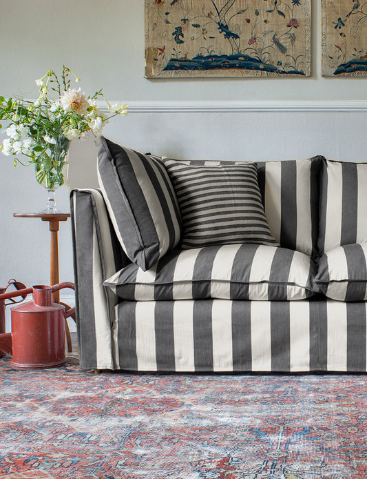 Coco 2.5 seater sofa with Self Piped Knife Edge cushion in Charcoal Stripes - Hand Made in USA (Available for Quick Ship)