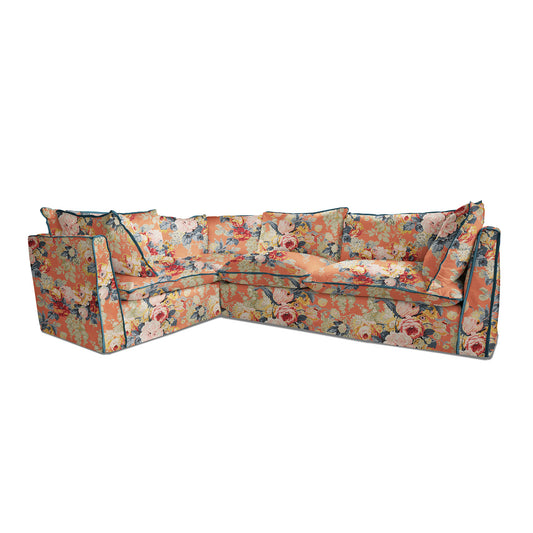 Coco 2 x 3 seater sofa with Knife Edge cushion in English Garden Coral Orange with Velvet Trim - Hand made in USA
