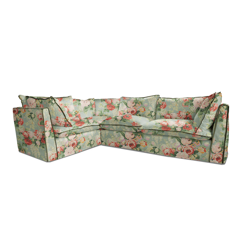 Coco 2 x 3 seater sofa with Knife Edge cushion in English Garden Grey Skies with Velvet Trim - Hand made in USA