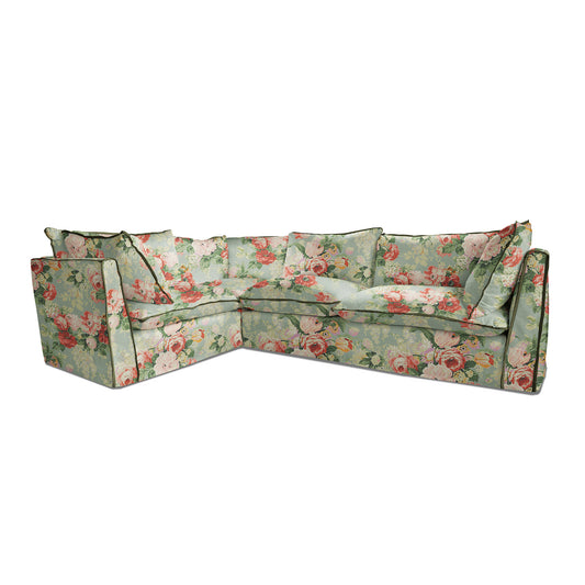 Coco 2 x 3 seater sofa with Knife Edge cushion in English Garden Grey Skies with Velvet Trim - Hand made in USA