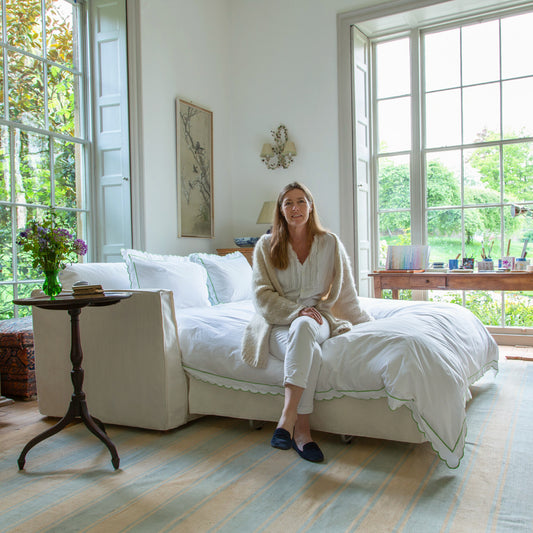 Coco 2.5 seater sleeper sofa with Self Piped Knife Edge cushion in Cotton Linen Cool Coconut - Hand Made in USA