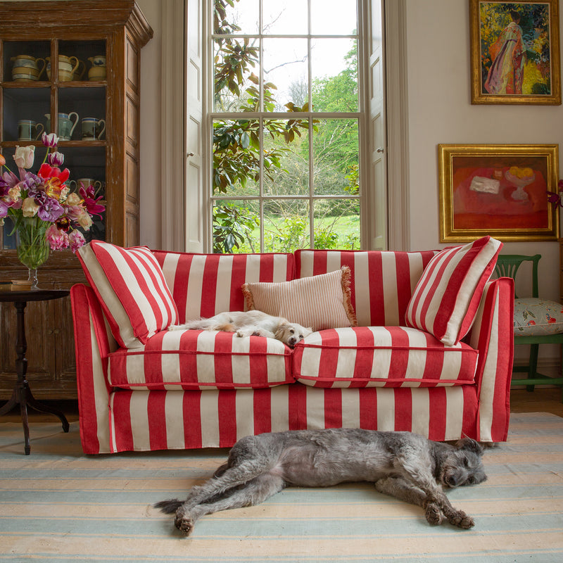 Coco 3 seater sofa with Self Piped Box Edge cushion in Stripes Petunia - Hand Made in USA