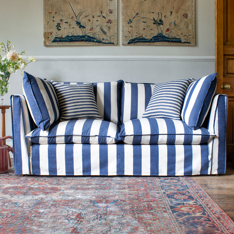 Coco 2 seater sofa with Self Piped Knife Edge cushion in Stripes Sea Holly - Hand Made in USA