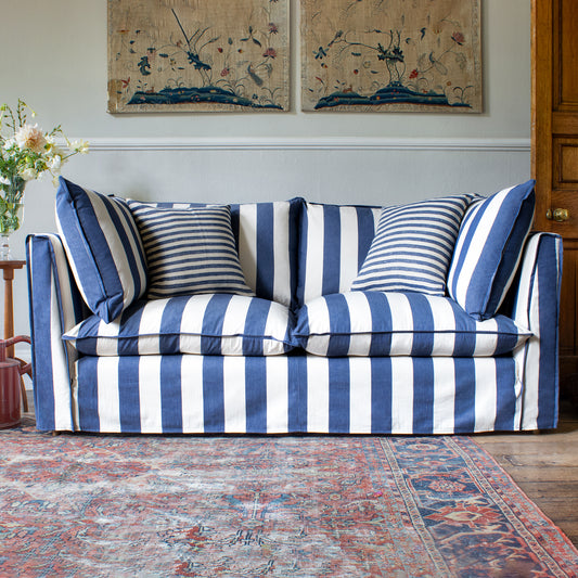 Coco 2 seater sofa with Self Piped Knife Edge cushion in Stripes Sea Holly  - Hand Made in USA
