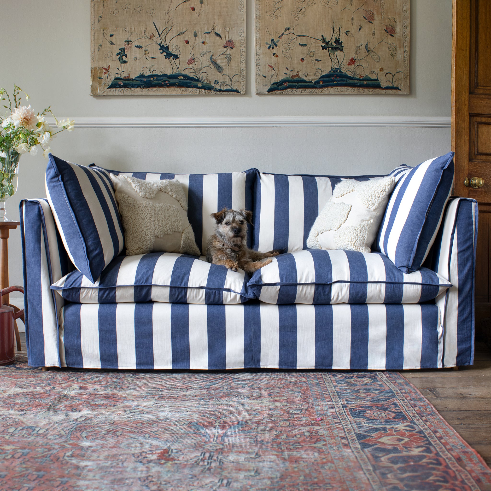 Coco 3 seater sofa with Self Piped Knife Edge cushion in Stripes Sea Holly  - Hand Made in USA