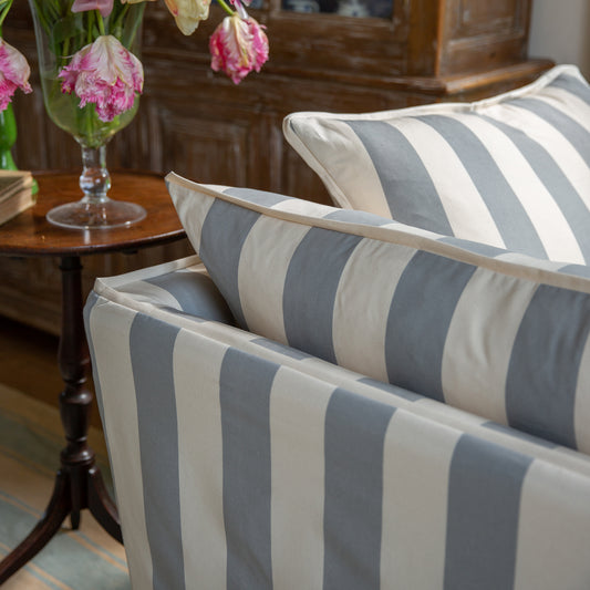 Coco 3 seater sofa cover with Self Piped Knife Edge cushion in Stripes Garden Grey  - Hand Made in USA