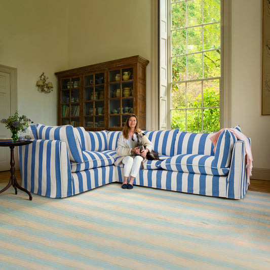 Coco 2 x 3 seater sofa Self Piped Knife Edge cushion in Cornish Blue Stripe - Hand Made in USA