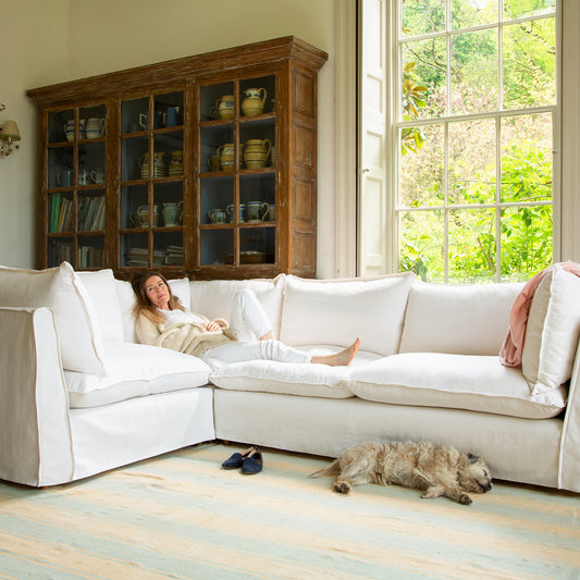 Coco 2 x 3 seater sofa Self Piped Knife Edge cushion in Cotton Linen Snow Drop  - Hand Made in USA