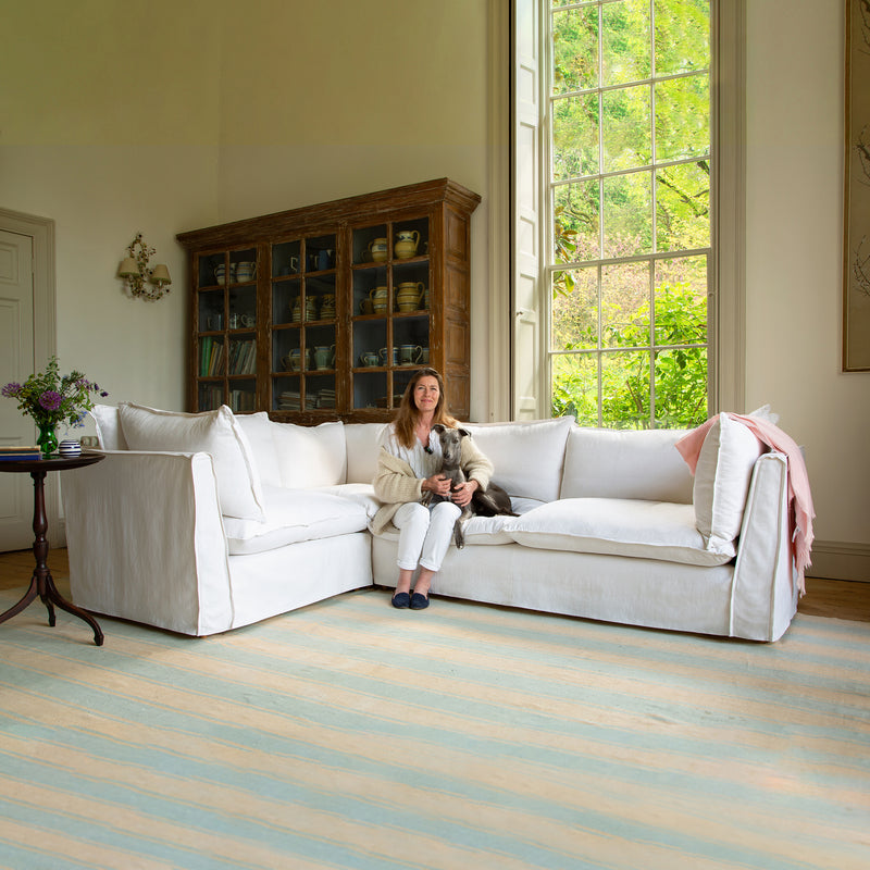 Coco 2 x 3 seater sofa Self Piped Knife Edge cushion in Cotton Linen Snow Drop - Hand Made in USA