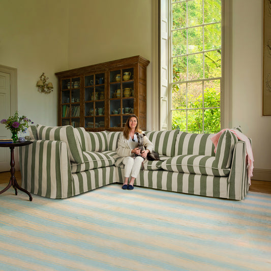 Coco 2 x 3 seater sofa Self Piped Knife Edge cushion in Spring Green Stripe - Hand Made in USA