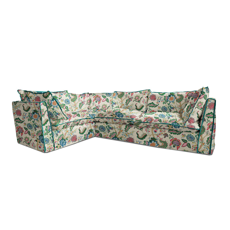 Coco 2 x 3 seater sofa with Knife Edge Cushion in Kitty Spring Green with Velvet Trim - Hand Made in USA