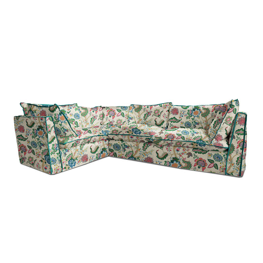 Coco 2 x 3 seater sofa with Knife Edge Cushion in Kitty Spring Green with Velvet Trim - Hand Made in USA