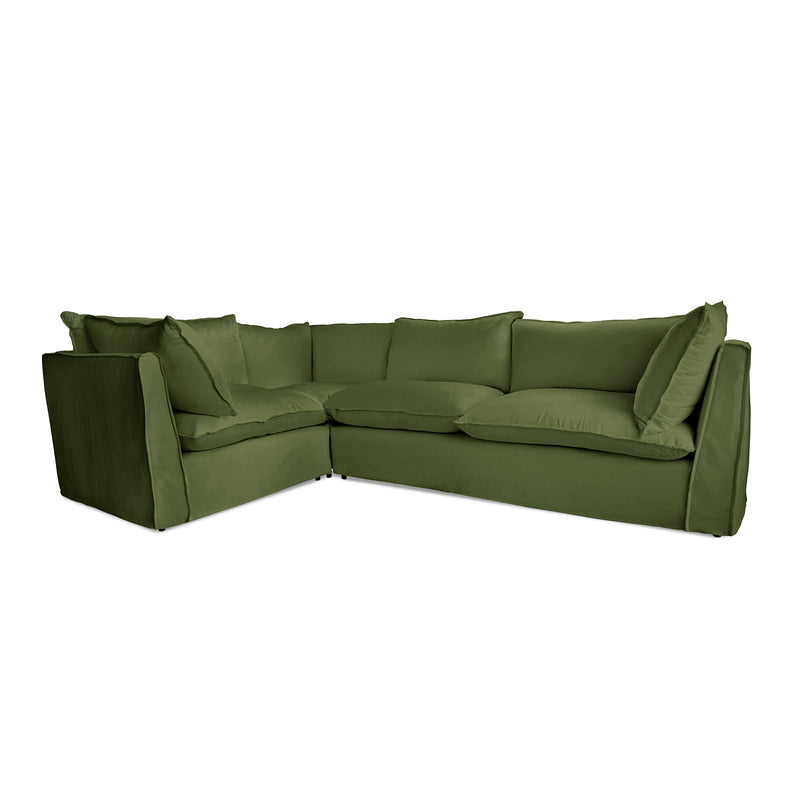Coco 2 x 3 seater sofa Self Piped Knife Edge cushion in Cotton Linen Evergreen - Hand Made in USA