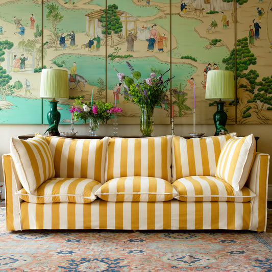 Coco 3.5 seater sofa with Self Piped Knife Edge cushion in Stripes Dandelion - Hand Made in USA