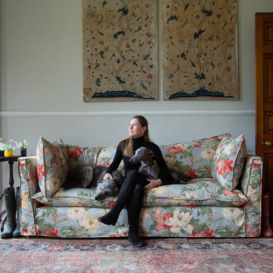 Coco 3 seater sofa with Self Piped Knife Edge cushion in Peony Summer Sky - Hand Made in USA (Available for Quick Ship)