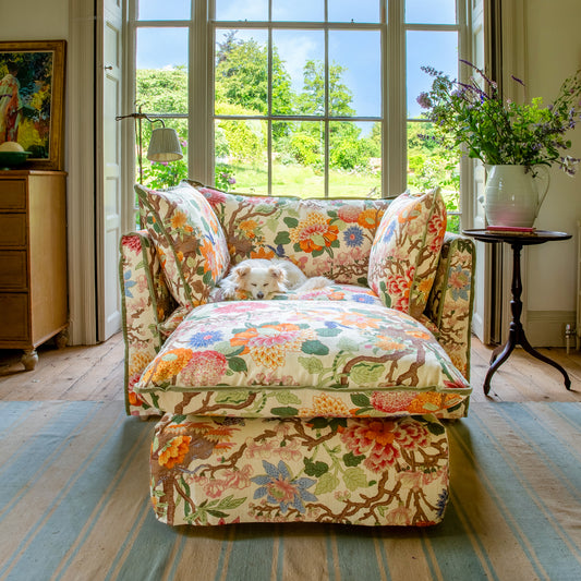 Coco Footstool with Contrast Welt Knife Edge cushion in GP & J Baker Magnolia Cream Blue  - Hand Made in USA