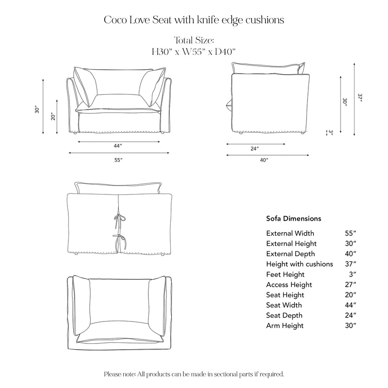 Coco Loveseat with Self Piped Knife Edge cushion in Customers Own Material (excl. Fabric) - Hand Made in USA
