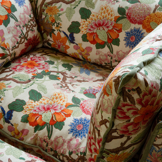 Coco Footstool with Contrast Welt Knife Edge cushion in GP & J Baker Magnolia Cream Blue  - Hand Made in USA