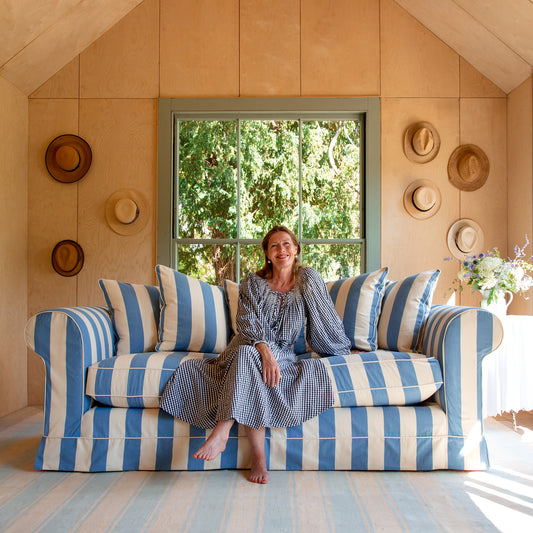 Salthrop Large Sofa with Scatter Cushion in Cornish Blue Stripe - Hand Made in USA