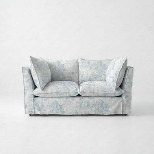 Coco 2 seater sofa with Self Piped Knife Edge cushion in Midsummer Faded Blue - Hand Made in USA