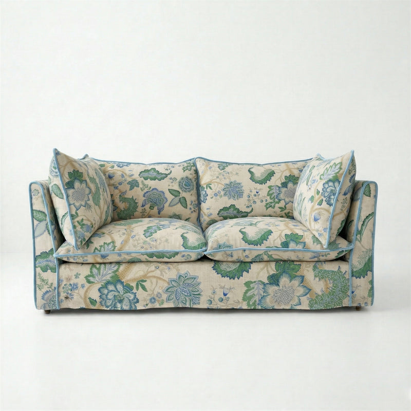 Coco 2.5 seater sofa with Knife Edge cushion in Kitty Blue Green with Parakeet Velvet Trim - Hand Made in USA