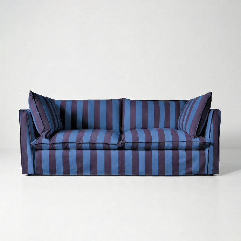 Coco 3 seater sofa with Self Piped Knife Edge cushion in Coastal Blue Stripes - Hand Made in USA