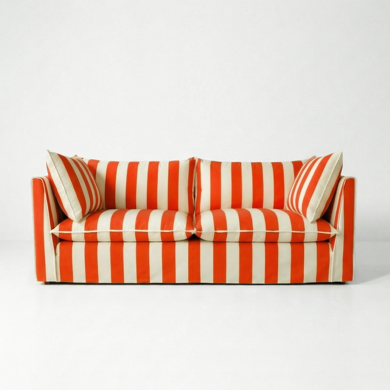 Coco 3 seater sofa with Self Piped Knife Edge cushion in Stripes Petunia - Hand Made in USA