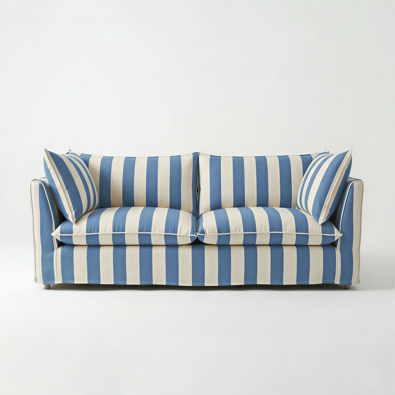 Coco 3 seater sofa with Self Piped Knife Edge cushion in Cornish Blue Stripes - Hand Made in USA