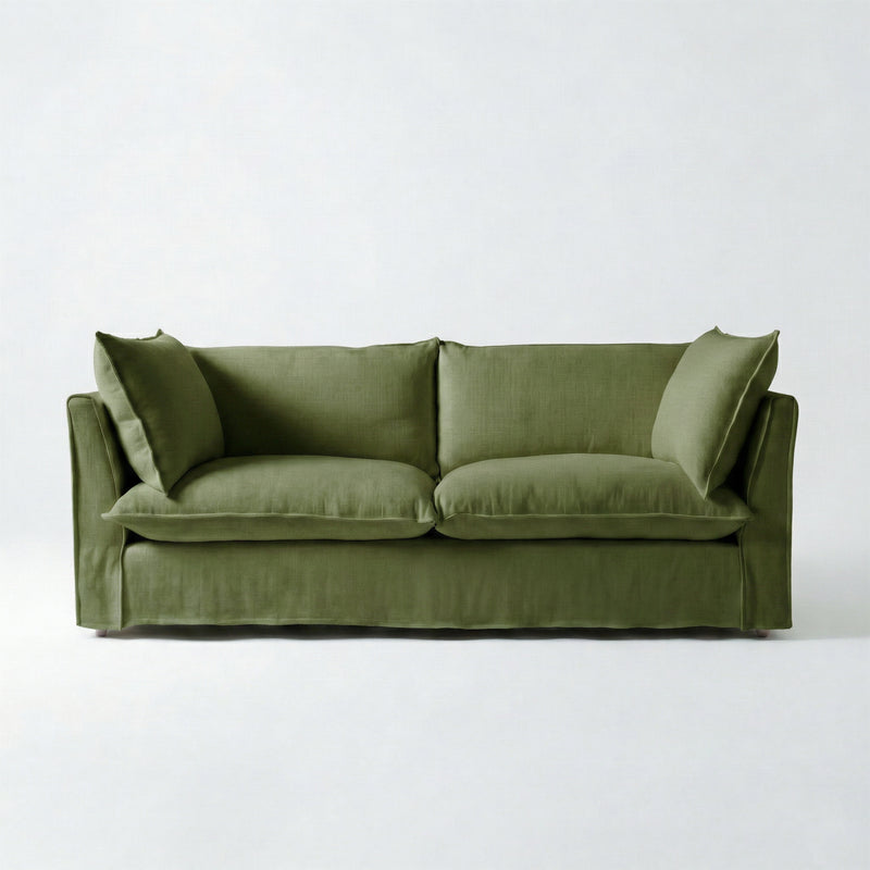 Coco 3 seater sofa with Self Piped Knife Edge cushion in Cotton Linen Evergreen - Hand Made in USA