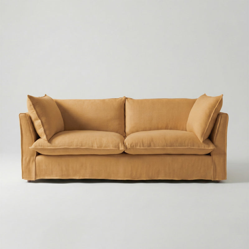 Coco 3 seater sofa with Self Piped Knife Edge cushion in Cotton Linen Sunflower - Hand Made in USA