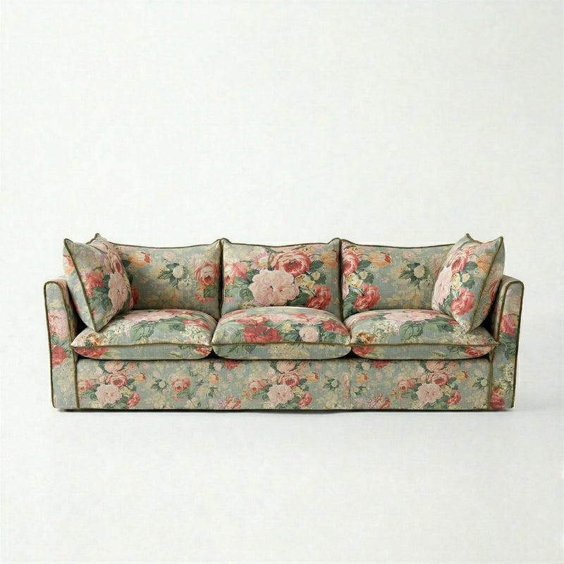 Coco 3.5 seater sofa with Knife Edge cushion in English Garden Grey Skies with Velvet Trim - Hand Made in USA