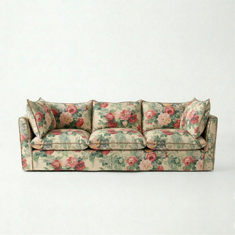 Coco 3.5 seater sofa with Knife Edge cushion in English Garden Classic Rose with Velvet Trim - Hand Made in USA