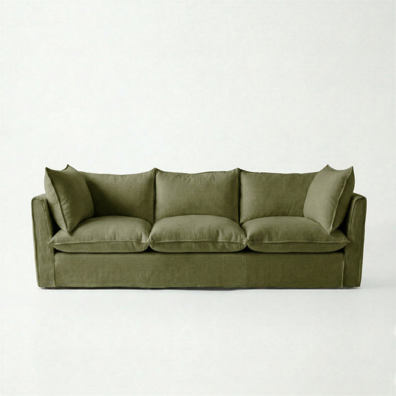 Coco 3.5 seater sofa with Self Piped Knife Edge cushion in Cotton Linen Evergreen - Hand Made in USA